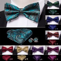 Barry.Wang Blue Green Gold Silk Men Bowtie Butterfly Paisley Handkerchief Cufflinks Set Pre Bow tie Wedding Business Party