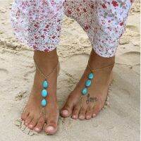 [COD] European and cross-border retro style water drop turquoise oval beaded handmade fingered anklet