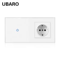 UBARO EU Standard Touch Switch 1 Way With Socket White Tempered Crystal Glass Panel 220V Light Switch Plug Home Improvement