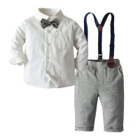 Boy Clothing Set Dress Suit Gentleman White Shirt with Bow tie + Grey Pants Party wedding Handsome Kid Clothing For Boys Clothes