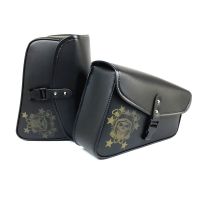 Left / Right Side Universal Motorcycle Saddle Bag Black Skull Pattern PU Leather