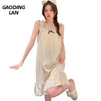 Gaodinglan M-5XL ผู้หญิงขนาดใหญ่แขนกุดชุดนอนฤดูร้อนกับแผ่นหน้าอกย่นผ้าหญิง Nightgowns ลายชุดนอน