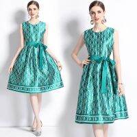 【HOT】◕ Sleeveless and Dresses 2023 Womens Designer O-Neck Bow Belted Ballgown Frocks