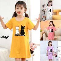 【Ready Stock】 ✻▼ C22 3-12 Years Old Cute Cat Cartoon Printed Girls Nightdress Childrens Short Sleeve Pajamas Long Style Solid Color Kids Homewear Girls Pajamas