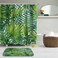 2pc Green Plants Leaves Shower Curtains Set Bathroom Waterproof Polyester With Rectangle Non slip Floor Mat Bath Curtain Set