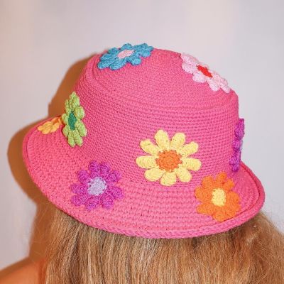 Dourbesty หมวกทรงถังถักลายอุปกรณ์ประกอบดอกไม้ผู้หญิง,Y2k หมวกแก๊ปหมวกปีกกว้างสำหรับถ่ายรูปกลางแจ้ง