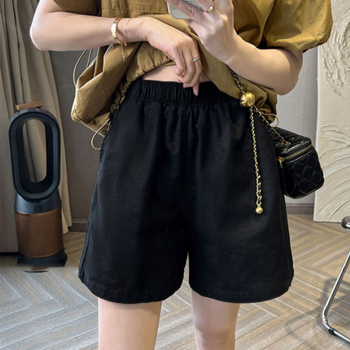 กางเกงขาสั้นสีกากีสำหรับผู้หญิงขาสั้นขากว้างทรงหลวมแบบบางกางเกง-midi-ตรงเทรนด์กางเกงลำลองของผู้หญิง