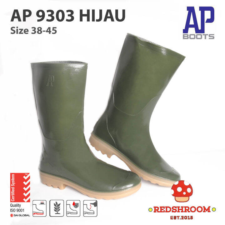 Sepatu Boot Tinggi AP 9303 AP Boots Hijau Karet Lokal Anti Air Slip