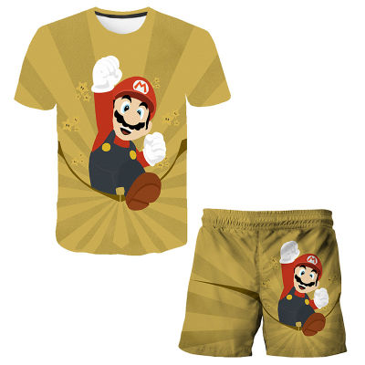 Summer Boy suit Girl T-shirt New Cute Cartoon Mario 3D Printing T-shirt Baby Breathable Clothes 4T-14T Top + shorts 2-piece set