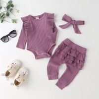 Newborn Clothes Baby Girl Outfit Set Toddler Girls Clothes Ruffle Heart Print Romper Bodysuit + Pants + Headband 3 6 12 Months  by Hs2023