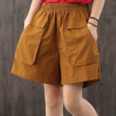 [Spot] cotton shorts womens summer loose Korean style summer high waist outer wear show thin black wide-leg workwear ins fashion 2023