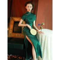 【LZ】✺✣❦  Cheongsam Cheongsam feminino melhorado fino alta fenda longa estilo chinês Xangai antiga vida cotidiana vestido de noite tradicional verde