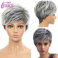 Silver Grey Short Wavy Synthetic Wigs Side Swept Bang Pixie Cut Synthetic Hair Wigs Blonde Brown 6Inch High Temperature Fiber