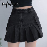 Jeans Mini Skirt Goth Denim Pleated Skirts with Big Pockets Women Girl Summer Punk Y2K Black Faldas High Waist Korean Fashion