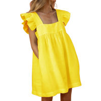 Summer Square Neck Ruffle Butterfly Sleeve Square Neck Short Mini Ruffled Dress