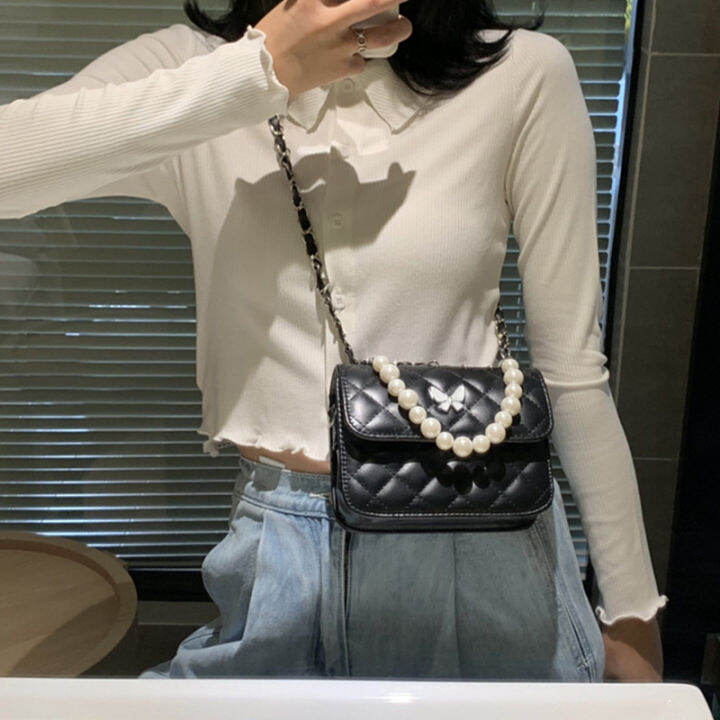 lilos-bags-กระเป๋าสะพายไหล่-หนังพรีเมี่ยม-กระเป๋าผู้หญิง-กระเป๋าแฟชั่น-กระเป๋ามุก-รูปแบบเพชร-กระเป๋าสะพายผีเสื้อ