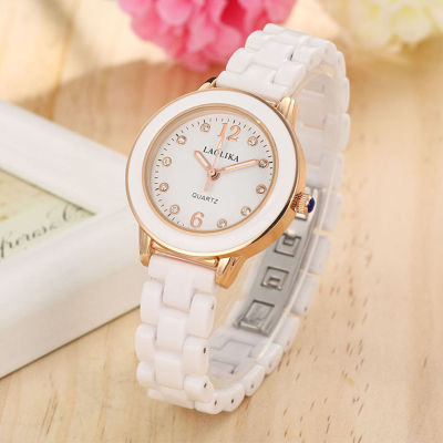 2019 Luminous Atmospheric White Plus Gold Quartz Arabic Numbers Ceramic Strap Watch for Women Student Fashion &amp; Casual