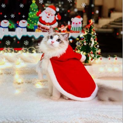 ชุดคอสเพลย์ซานต้าเสื้อผ้าสำหรับแมวผ้าคลุมคริสมาสต์สำหรับสัตว์เลี้ยงแมว/สุนัขเปลี่ยนรูปแบบตลกแต่งตัวผ้าพันคอสีแดงตกแต่งอุปกรณ์ประกอบฉาก