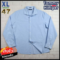 Tommy Hilfiger®แท้ อก 47 ไซส์ XL เสื้อเชิ้ตผู้ชาย ทอมมี่ ฮิลฟิกเกอร์ สีฟ้า เสื้อแขนยาว เสื้อใส่เที่ยวใส่ทำงาน