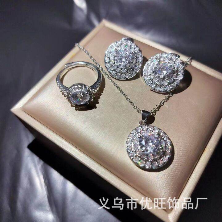 tiktok-kuaishou-กระเป๋าทรงกลมสองชั้น-moissanite-สามชิ้นต่างหูแหวนสร้อยคอชุดเครื่องประดับไมโครแฟลชสุดๆ