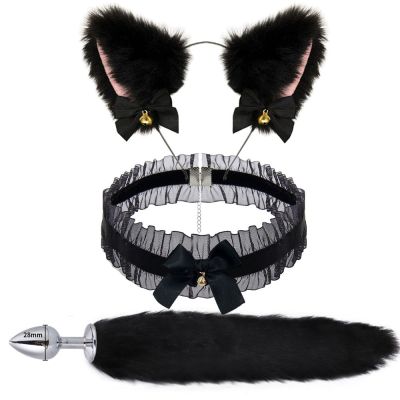 3pcs Cos Plush Animal Ear Animal Tail Suit Fox Ear Wolf Ear Headband Tail Accessories Cat Head Bell Collar Halloween Party Adhesives Tape