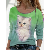 2021 3D Lovely Cat Print Harajuku T-shirt Women Summer Autumn Casual Long Sleeve O-Neck T-Shirt Clothes China Fashion Women