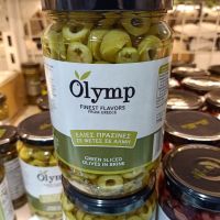 อาหารนำเข้า? Green olive sliced ​​in the salt water, Olymp Green Slice Olives in Brine, weighing 350g