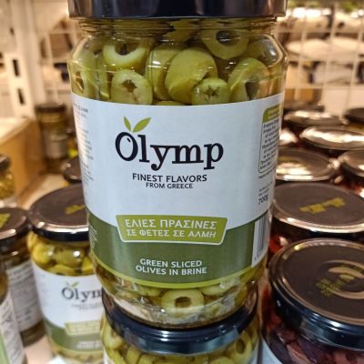 อาหารนำเข้า🌀 Green olive sliced ​​in the salt water, Olymp Green Slice Olives in Brine, weighing 350g