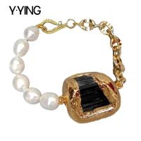 Y·YING natural Cultured White Rice freshwater Pearl Natural Black Tourmaline Rough Raw gold color plated pave Bracelet 8.5"