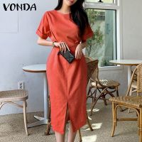 ✙✚ VONDA Women Korean Summer Round Neck Short Sleeve Zipper Solid Color Hem Slit Tunic Midi Dress