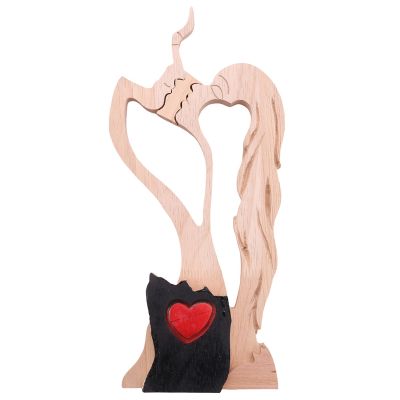 Love Eternal Wood Ornaments Wooden-Heart Desktop Sculpture Couple Kissing Statue Love Art Ornaments for Home Decorations