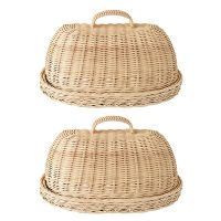 2X Rattan Storage Tray with Cover,Hand-Woven Wicker Baskets,Bread Fruit Food Breakfast Display Box,for Food, Fruit,Etc