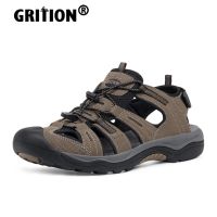 GRITION Men Summer Sport Sandals Outdoor Hiking Beach Comfortable Adjustable Close Toe New Fashion Slippers Flat Shoes Brown House Slippers