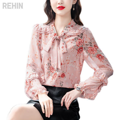 REHIN เสื้อเชิ้ตแขนยาวของผู้หญิง,ผูกโบว์พิมพ์ลายดอกไม้ใหม่ฤดูใบไม้ผลิปี2022