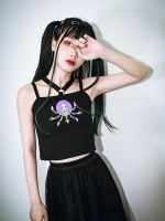 Baru Musim Panas Harajuku Seksi Gadis Panas Gambar Cetak Hitam Backless Sling Rompi Punk Punk Gothic Mode เสื้อเข้ารูป