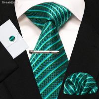 ▬ 8cm Silk Mens Ties Green Black Ties plaid stripe NeckTie Pocket Square Cufflinks Tie clips Set Mens Wedding business Party Tie