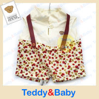 Teddy house : ชุดตุ๊กตาหมี  เอี๊ยมกางเกงลายสตอเบอรี่  ขนาด 22"