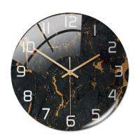 ZZOOI 3D Acrylic Black Gold Marble Pattern Wall Adhesive Clock Metal Needle Silent Clock Mechanism Modern Living Room Home Decoration