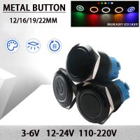 Black Push Button Switch 12/16/19/22mm Waterproof illuminated Led Light Metal Flat Momentary Switches with power mark 5V 12V 24V  Power Points  Switch