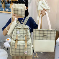 5 Pcs Cute Backpack Purse Kawaii Canvas SchoolBag for Teenage Girls College Large Satchel Pencil Case Student Book Bag Rucksack2023