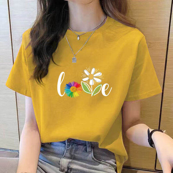 เสื้อยาวสีขาวสำหรับผู้หญิงคอกลมแขนสั้นพิมพ์ลายเสื้อทรงหลวมสำหรับฤดูร้อน