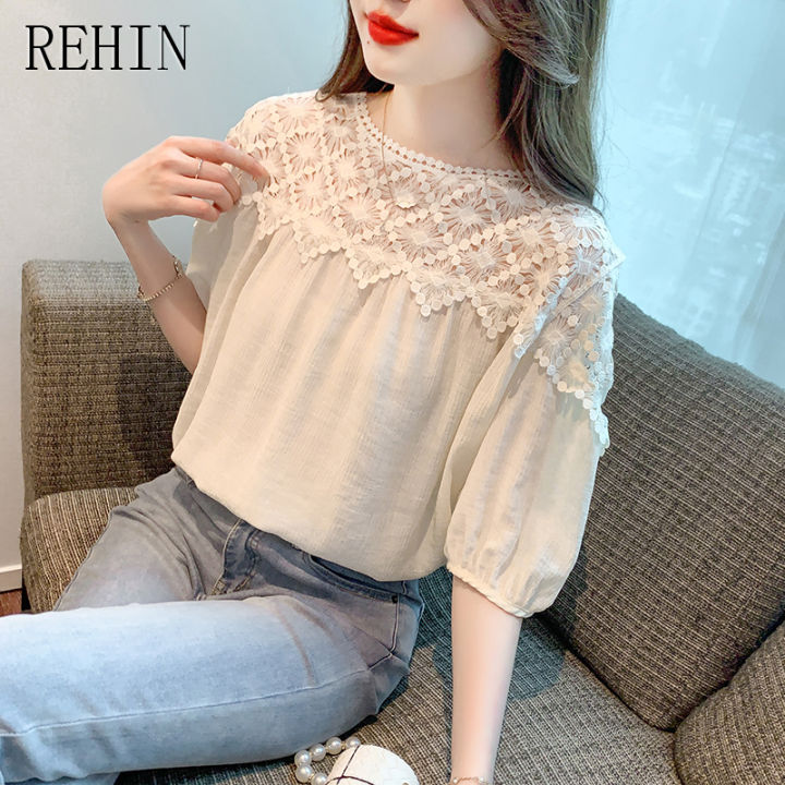 rehin-เสื้อเบลาส์แขนสั้นสำหรับผู้หญิง-เสื้อเบลาส์ทรงหลวมอเนกประสงค์ฉบับภาษาเกาหลีแฟชั่นใหม่ฤดูร้อน