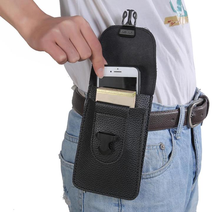 qzo-5ชิ้นหนังผู้ชายกระเป๋าคาดเอวกระเป๋าสตางค์ใส่โทรศัพท์ได้ลายลิ้นจี่กระเป๋าเข็มขัด-สีดำ