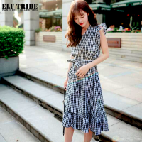 ELF TRIBE ชุดเดรสสไตล์เกาหลีใหม่พร้อมเข็มขัดคอวีแขนลุกเป็นไฟ Ruffled Plaid Dresses For Women