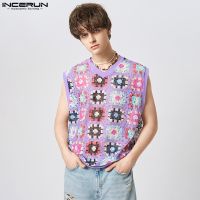 ❍☑✥ Incerun เสื้อกล้ามลําลอง คอวี ลายกราฟฟิคลูกไม้