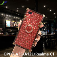 JieFie เคสป้องกันเต็มรูปแบบสำหรับ OPPO A3S/A12E/C1 Realme/A5S/A12 / A12S / A11K เคสโทรศัพท์สี่เหลี่ยมกากเพชรหรูหราปกป้องเต็มรูปแบบเคสพร้อมขาตั้งแบบห่วง