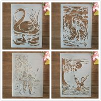 4Pcs A4 29cm Swan Wild Duck Lake DIY Layering Stencils Wall Painting Scrapbook Coloring Embossing Album Decorative Template