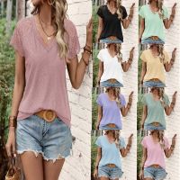 ▫﹊♧  Elegant Womens Casual Tees Tops 2023 Summer V-Neck Panel LaceCut Out  Shirt Lady Short Sleeve T-shirt S-XXL