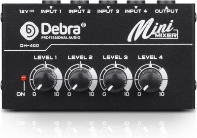 D Debra DH-400 Audio Mixer - 4-Channel Line Mixer for Sub-Mixing, Ultra Low-Noise Mini Mixer for Microphones, Guitars, Bass, Keyboards, and Stage Sub Mixing - Perfect for Small Clubs and Bars (Black)