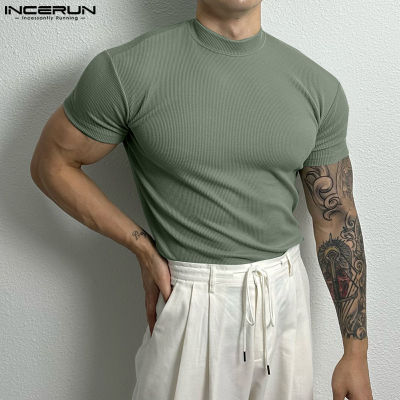 เสื้อยืดรัดรูปคอตั้งลายทางเรียบๆของผู้ชายแขนสั้น (สไตล์เกาหลี)